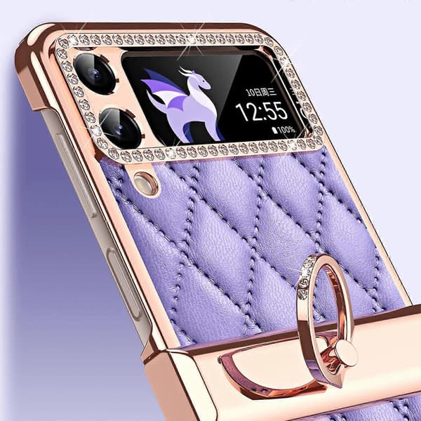 Plated Rhinestone Case Compatible with Samsung Galaxy Z Flip 4, PU Leather Case with Hinge Protection & Ring Holder
