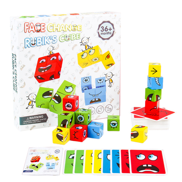 Ansiktsföränderliga kubbyggstenar för barn Logiskt tänkande Intellektuell träning Träblock Brädspel Pusselleksaker
