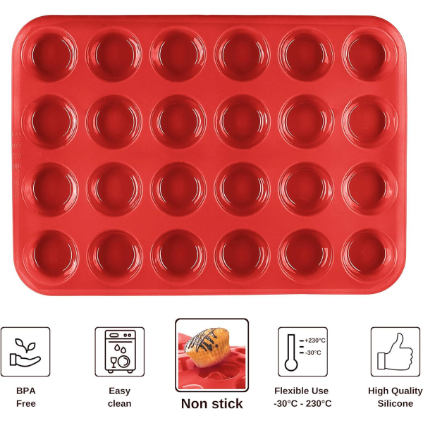 2stk-Rød muffinsform for 24 non-stick silikon minimuffins, cupcakes, brownies, kaker, pudding