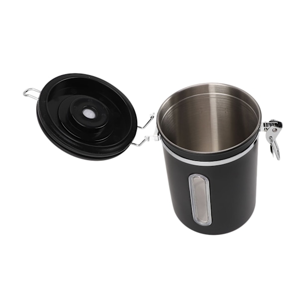 Kaffeboks 1800ml 304 Rustfritt Stål Vindusdesign Enveis Ventil med Skje Lufttett Kaffebeholder for Kaffebønner Matt Svart