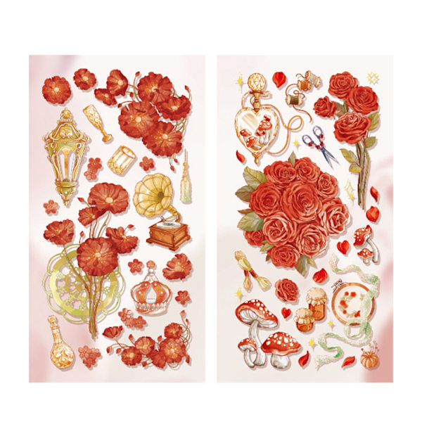 2 st Vintage Scrapbook Stickers Blommor Förgyllning Bearbetning Papper Lätt att applicera Långvarig Estetisk Sticker för Journal Röd