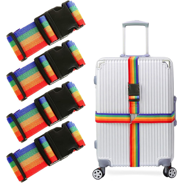 Pakke med 4 kuffertstropper, justerbare stropper med udløserspænde, bagageremme bælter Kuffertlabel Rejsebælter Rainbow