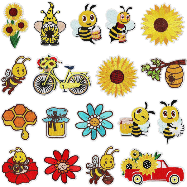18 kappaletta Sunflower Bee silitettävät kirjontamerkit vaatteiden, reppujen, farkkujen, hattujen ompelemiseen sekä korjaamiseen ja koristeluun