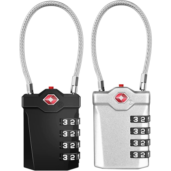 TSA-godkänd 4-siffrigt kombinationsresväskalås med öppningslarm och flexibel kabel (2-pack, svart/silver)