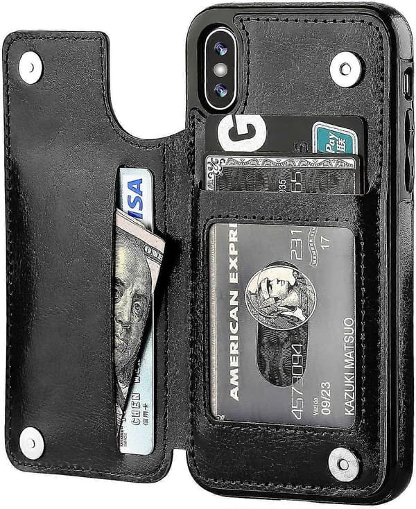 Iphone Xs Iphone X Wallet Case With Card Holder, Double Magnetic Closure - Black