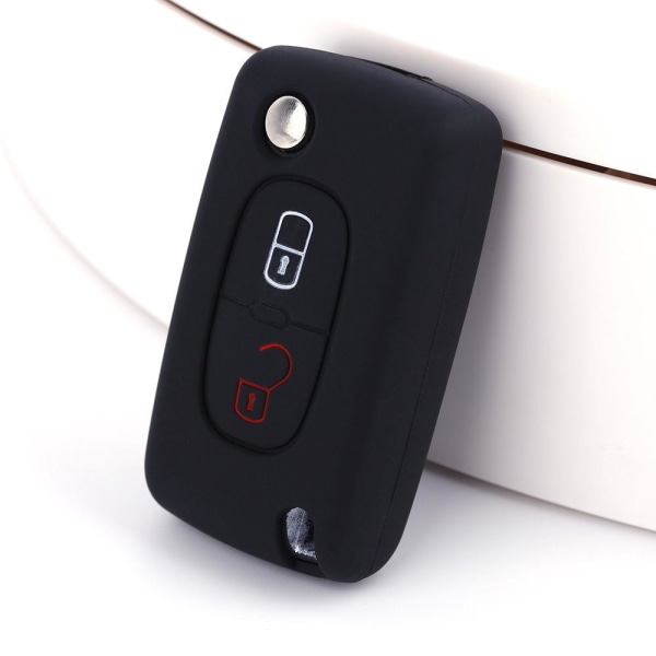 Svart bilnyckeltillbehör kompatibel med Peugeot Citroen bilnyckel 2-knappar - mjukt silikon case