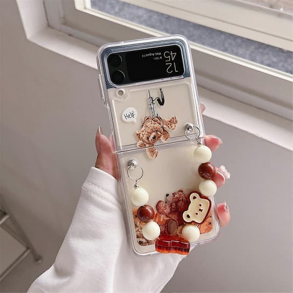 Transparent Case with Hand Strap Compatible with Samsung Galaxy Z Flip 4, Cute Bear Hard PC Protective Case