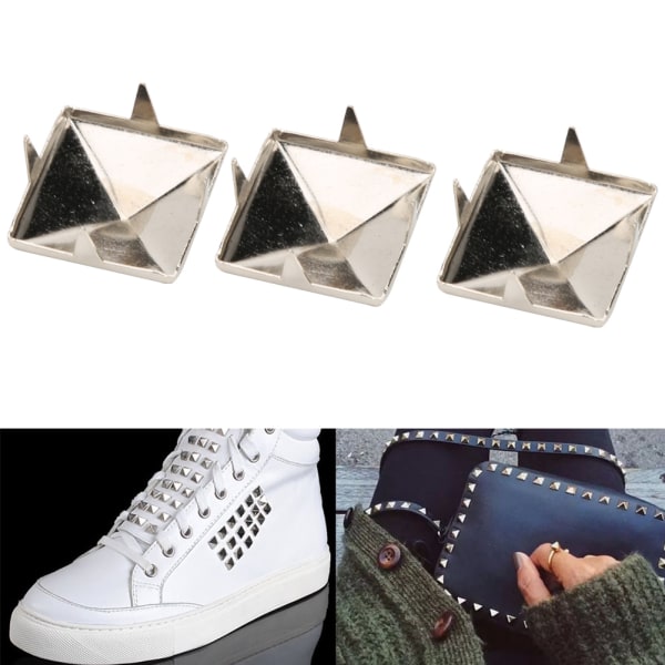 Firkantede pyramide punknitter metalnitter til armbånd Tøj Sko Håndtaske - Sølv (100 stk, 12 mm)