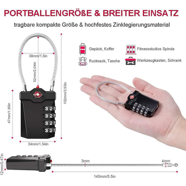 TSA-godkänd 4-siffrigt kombinationsresväskalås med öppningslarm och flexibel kabel (2-pack, svart/silver)