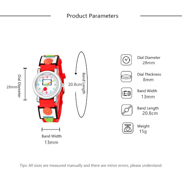 Watch(vit, basket), vattentät armbandsur för barn Quartz urverk, 3D tecknad design, Digital watch för 3 år till 11 år flicka pojke