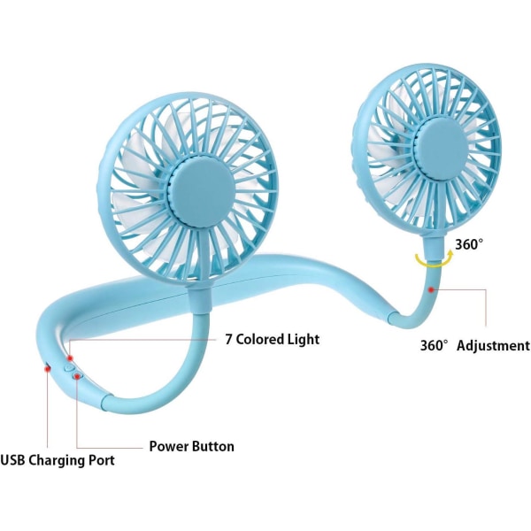 Bærbar nakkevifte, USB minivifte, oppladbar halsvifte, 3-trinns dobbelthodevind for utendørscamping (blå)