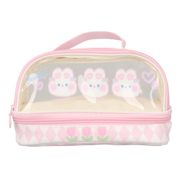 Sød kanin pennetaske kanin mønster dobbelt lag vandtæt gennemsigtig Kawaii penalhus Pink kosmetik taske med håndtag til børn