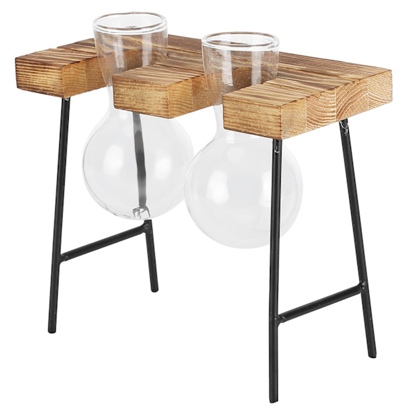 Skrivbord Glas Planter Trä Stativ Glödlampa Glas Vas Hydroponics Växt Planter för Hem Kontor Trädgård 2 Flaska
