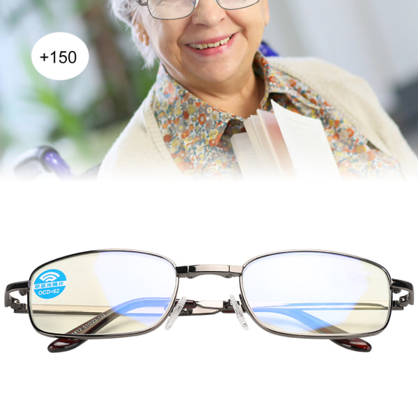 Lesebriller Blått lysblokkerende Anti Fatigue Folding Presbyopiske briller Briller for menn kvinner (+150 svart innfatning)