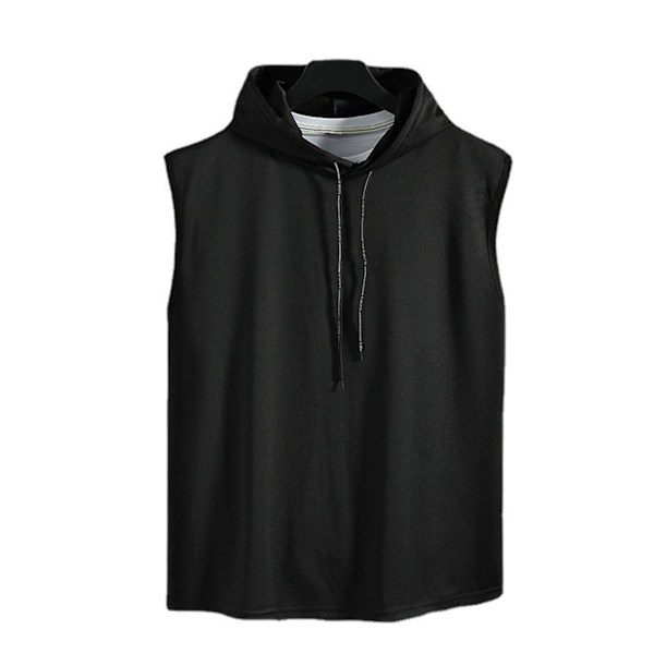 Men Sleeveless Hoodie Gym Sweatshirt Vest Top Skin Friendly Polyester Solid Color Black 2XL