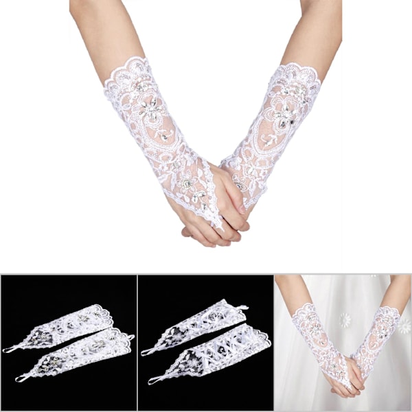 Retro Syle Elfenbensblonde Blomster Brud Brud Rhinestone Sexede Fingerløse Handsker Bryllup Hvid