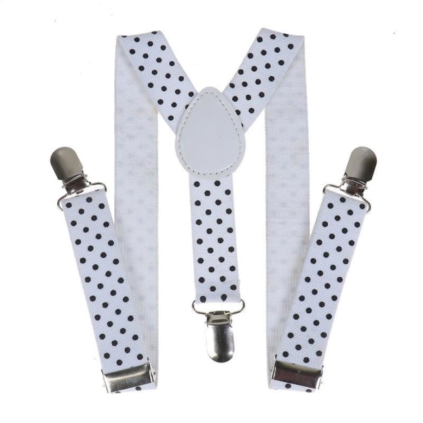 Hängslen för barn - vita prickiga, universal för pojkar och flickor, hängslen med tre clips, hängslen med elastiska klämmor