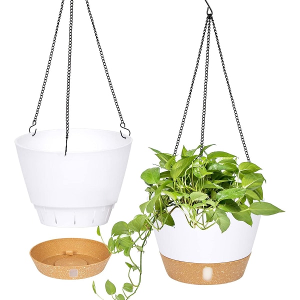 Sæt med 2 (hvide) hængende plantekasser, 25,4 cm diameter til indendørs og udendørs, hængende urtepotte med drænhul og 3 kroge til have og hjem