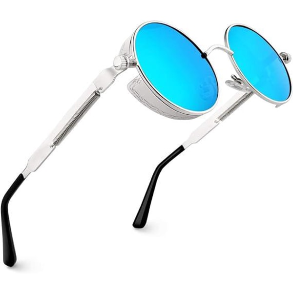 Hopeakehys Sininen linssi-Polarisoidut pyöreät miesten naisten aurinkolasit, jotka ovat saaneet inspiraationsa retro Steampunk -tyylistä metallisessa ympyrässä