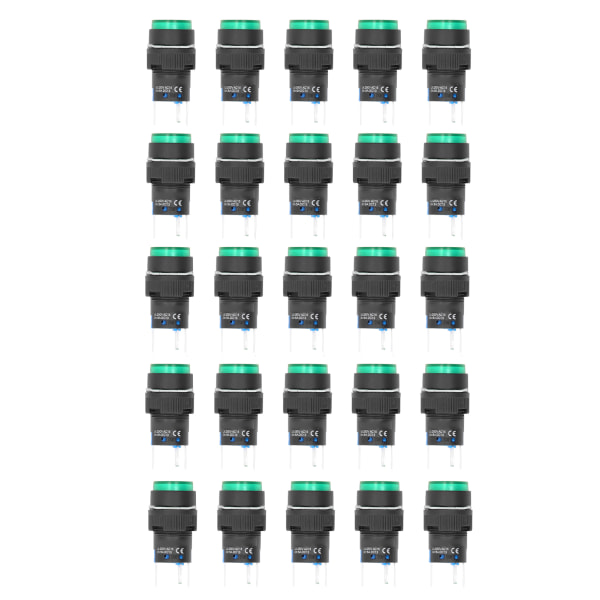 25 stk. 16 mm 5-bens trykknapskontakt Rund selvspærrende afbrydere med lys 220V Grøn