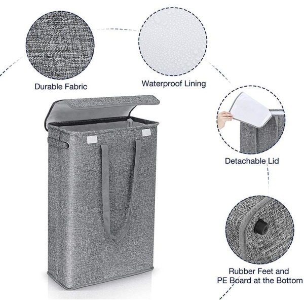 (Grå) 45 Liter Slimline sammenleggbar vaskekurv med lokk - Ekstra stor kapasitet vaskekurv - 39x19x60cm - Smal vaskekurv