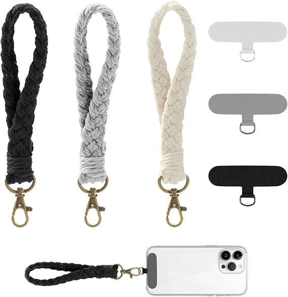 Telefonhandledsrem, 3-pack med fästflikar, bohemisk stil, bomull, vit, grå, svart