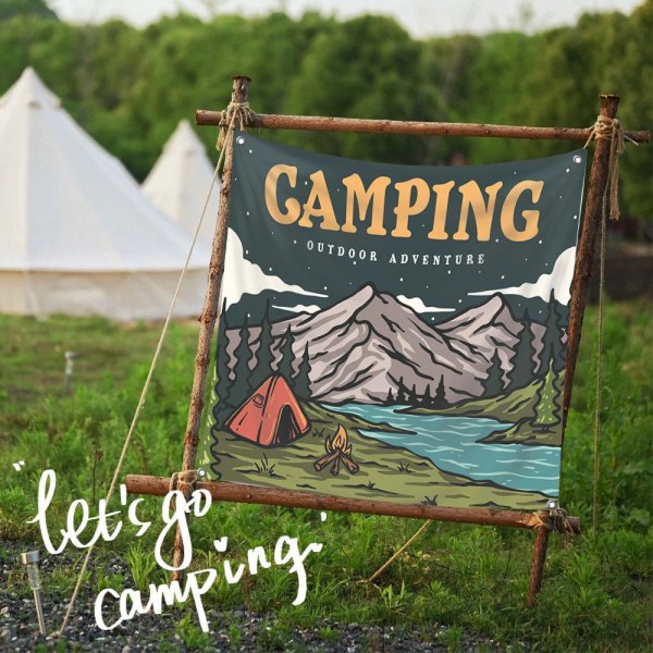 camping hängande canvas bakgrund, ins stil hängande canvas campingutrustning, utomhus estetisk dekorativ canvas camping gobeläng