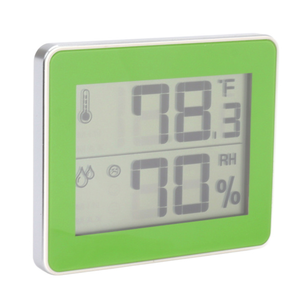Temperatur- og fugtighedsmåler, ultratynd, batteridrevet, digitalt hygrometer med stativ til indendørs kælder, grøn