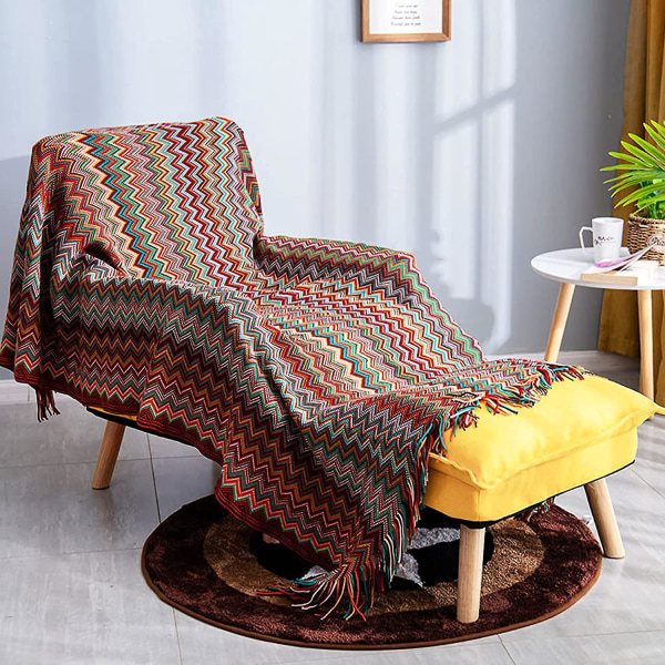Bohemian Houndstooth strikket tæppe med kvaster - varmt og moderigtigt tæppe til sofa eller seng