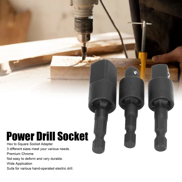 3 stk Power Drill Socket Sett Metall sekskantskaft Impact Driver Adapter 360 grader roterbar svart