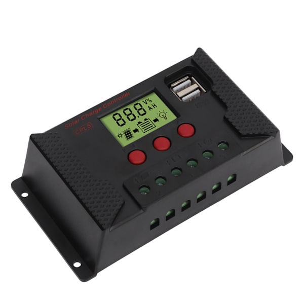 Solcellecontroller PWM 12V 24V Automatisk Tilpasning LCD Display USB Port Solregulator 20A
