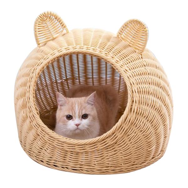 Katteseng Sød Katteøre Imiteret Rattan Håndvævet Åndbar Alle Sæsoner Vaskbar Halvlukket Kattehuse til Indendørs 38x38cm / 15.0x15.0in Beige