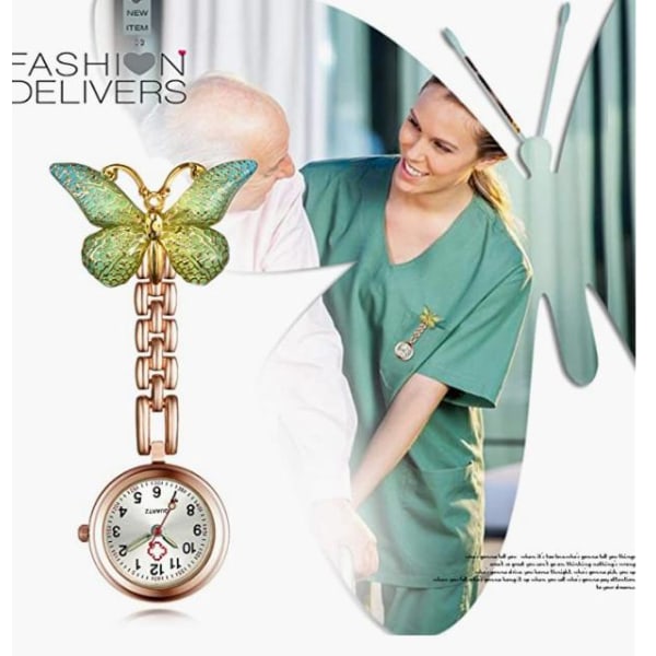 3- watch sjuksköterskeklocka Studentexamen Quartz Watch Ny tecknad Lovely Crystal Butterfly Watch (grön)