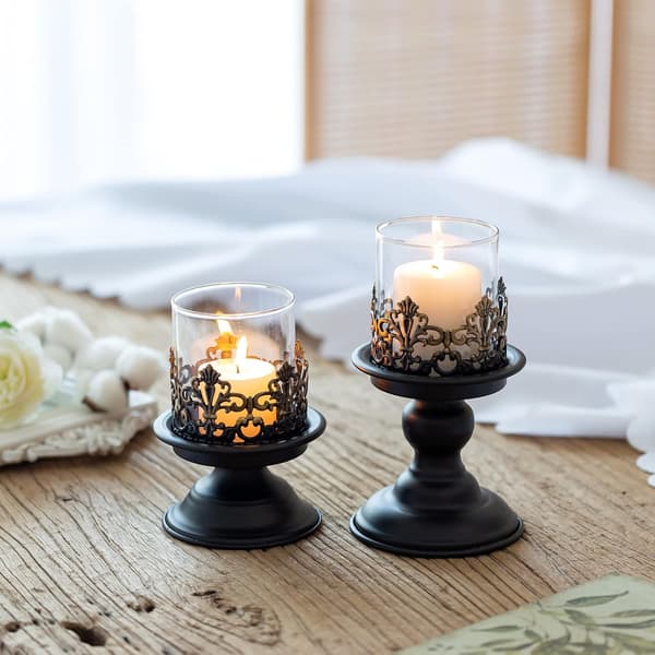 Svart Shabby Chic Søylelysestake Sett for Bord - Gotisk Lysestake Rustikk Glasslykt Midtstykke