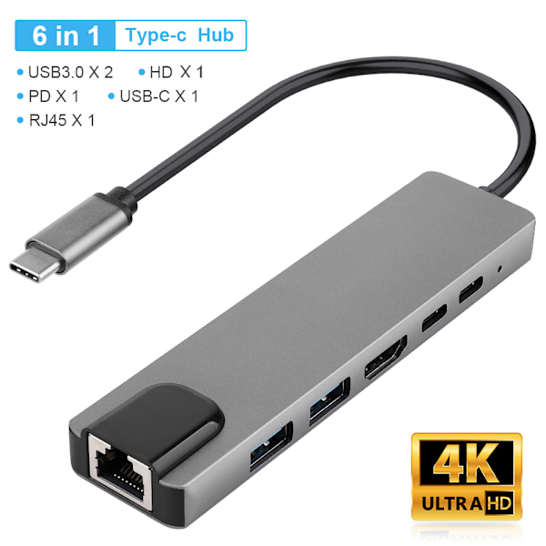 USB C Hub 6 in 1 4K 30Hz HD Multimedia Interface USB3.0 PD Lataus RJ45 Type C Moniporttisovitin Harmaa