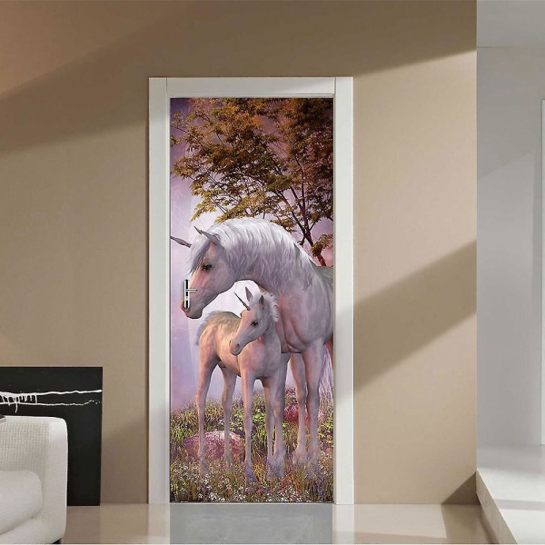 77x200 cm Unicorn Magic Style Dørklistremerke med Trompe L'oeil-effekt - 3D PVC-veggklistremerker for stue, kjøkken, soverom og bad dekorasjon