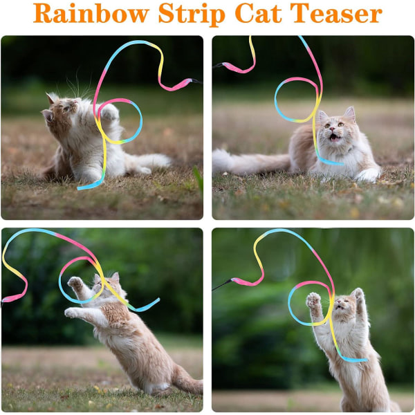 3 stk Regnbuefarvet killingefløjl, Aborre Længde 48 cm, Snorlængde 160 cm, Cat Charmer Rainbow Ribbon, Interactive Catching Stick