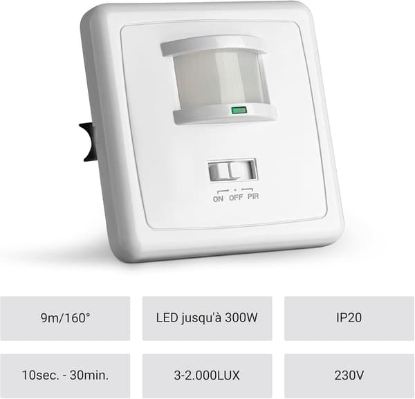 Inomhus Rörelsedetektor, Infälld Väggmontering, Lämplig för LED, Infraröd Sensor, Programmerbar, 9m/160° Räckvidd