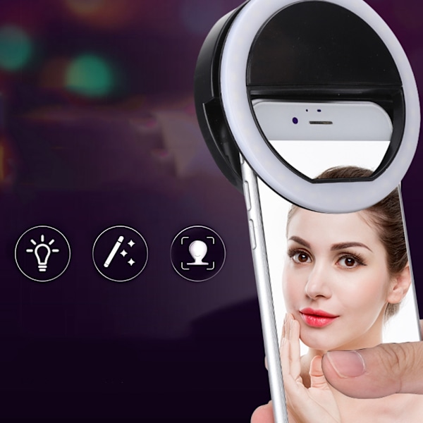 Selfie LED Ring Flash Lys Bærbar Telefon Selfie Lampe Lysende Clip Lampe til iPhone (Sort)