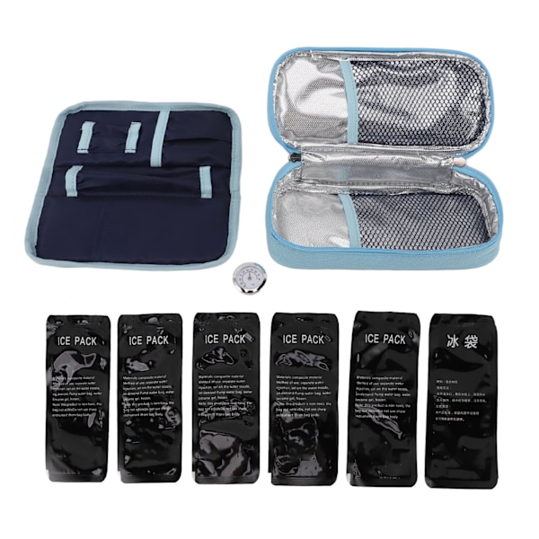 Insulin Cooler Travel Case Canvas PU Insulated Diabetic Bag Portable Medicine Cooling Bag with Thermometer for Insulin Pen Medical Supplies Blue