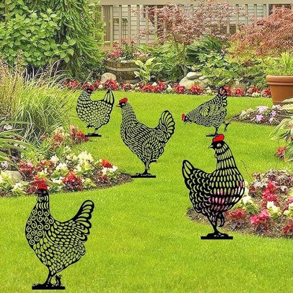 5 st Trädgårdskycklingdekoration, Realistisk höna, kycklinggårdskonst, ihålig akrylsimulering Trädgårdsdekorativt svart kycklingkort, utomhusgräsmattasprydnader