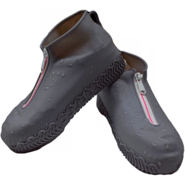 Grå vattentäta skoöverdrag i silikon, återanvändbara och vikbara, halkfria regnskoskydd med dragkedja - 1 par