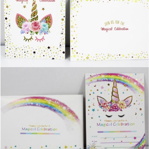 24 stemplede enhjørning fødselsdagsinvitationskort Rainbow Stars konvolutsæt (kort 2)