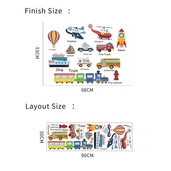 Selvklebende klistremerker for veggdekorasjon på barnerommet (bil, fly, transport)