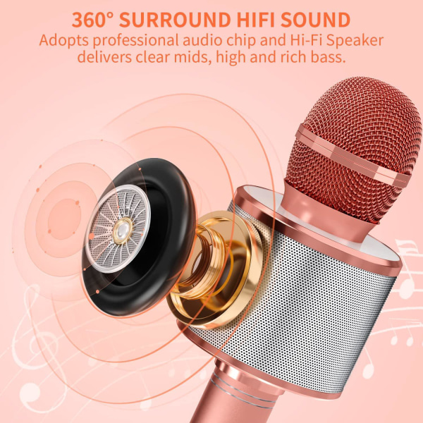 Mikrofon för barn, trådlös Bluetooth karaokemikrofon för vuxna, bärbar karaokemaskin, födelsedagsfest för pojkar och flickor (rosaguld)