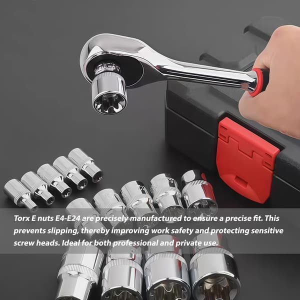14-dele Torx E-topnøglesæt, 1/2\", 1/4\", 3/8\", Ekstern, E4-E24 Torx E-toppe i CR-V, Skrueudtrækker og mere.