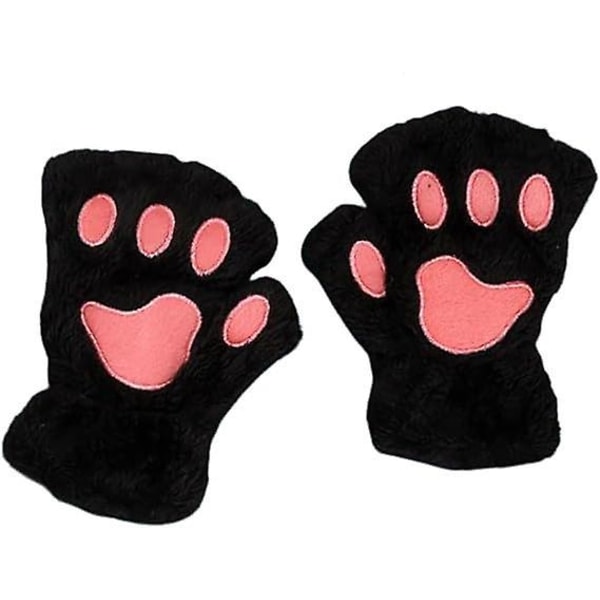 Søte svarte kattepotehansker - varm plysj halvfinger vintervotter for kvinner og jenter - tegneseriemønster fleecevotter