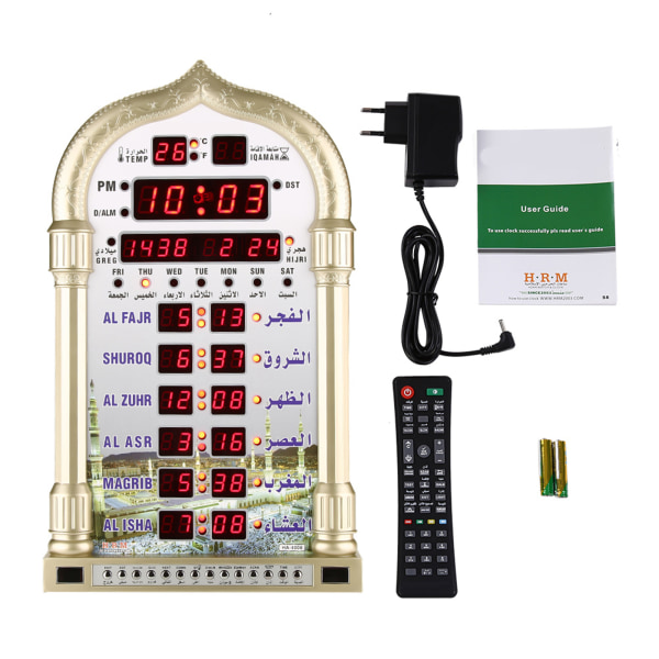 Digital islamisk väggkalenderklocka - muslimsk gåva med alarm, Azan bönetider - EU-kontakt 110-240V