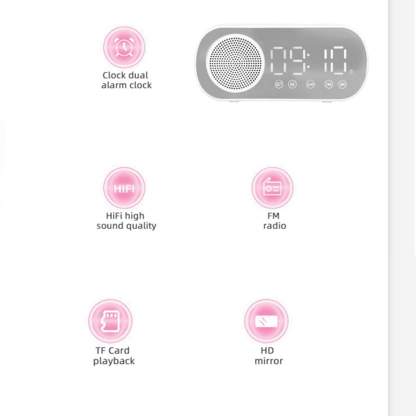 Bluetooth 5.0-högtalare med FM-radio och uppladdningsbar spegelklocka
