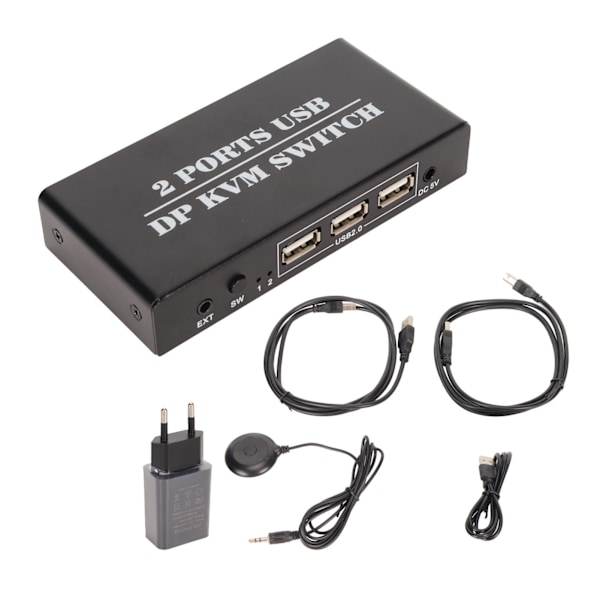 DisplayPort KVM-bryter 2 porter 4K 60Hz Dual Mode Aluminiumlegering Plug and Play KVM-switcher for tastatur mus 100‑240V EU-plugg 100‑240V